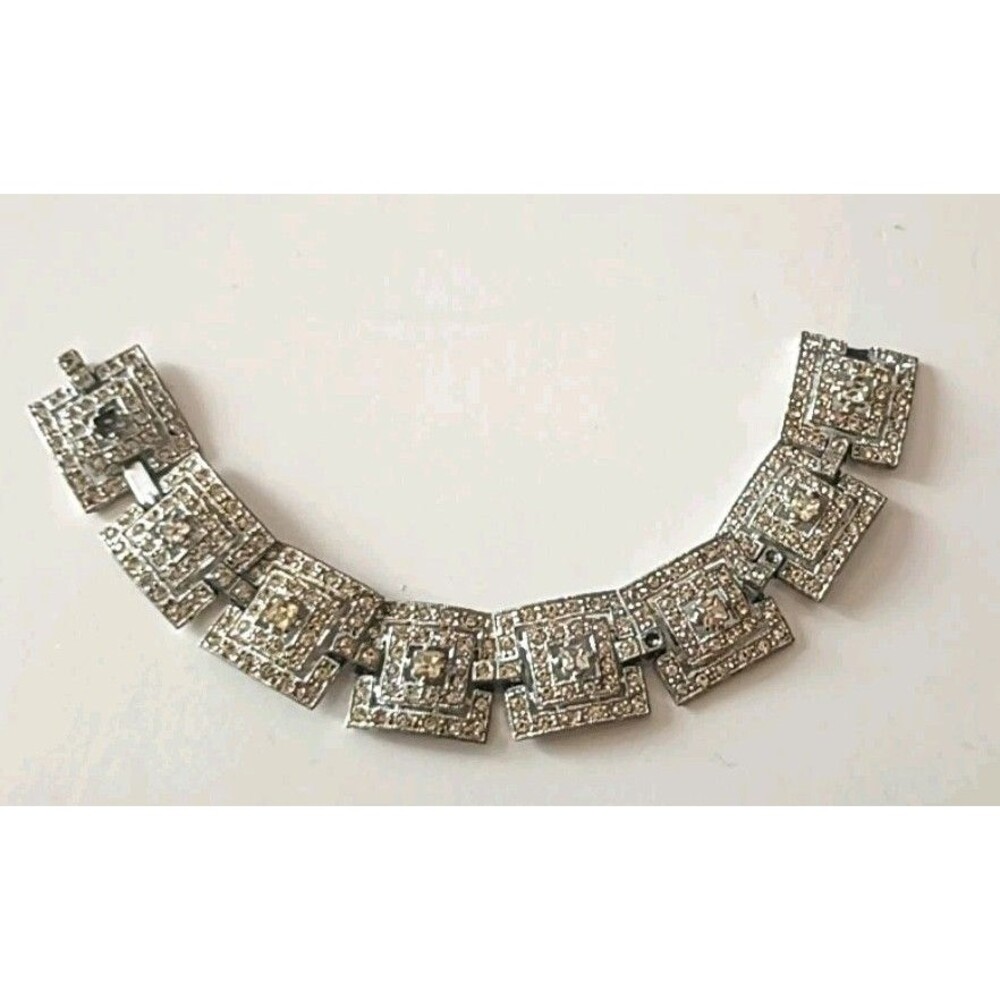 Vintage 1930s Art Deco Paste Rhinestone Bracelet Pot Metal Geometric 7.5" Repair
